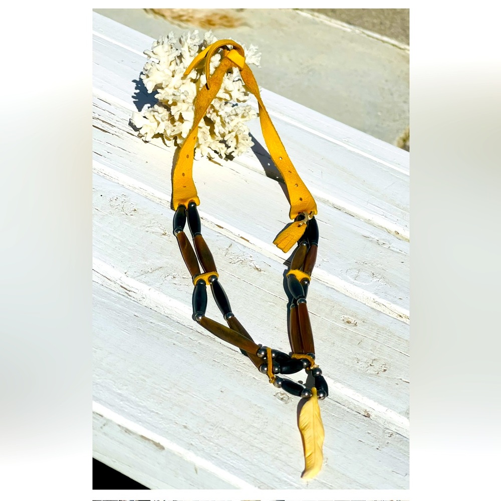 Handmade Native Indian Bone Feather & Hair-pipe Beads on Leather Necklace